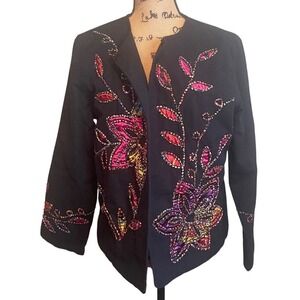Choices Women Embroidered Floral Print Boho Beaded Longsleeve Blouse Black Large